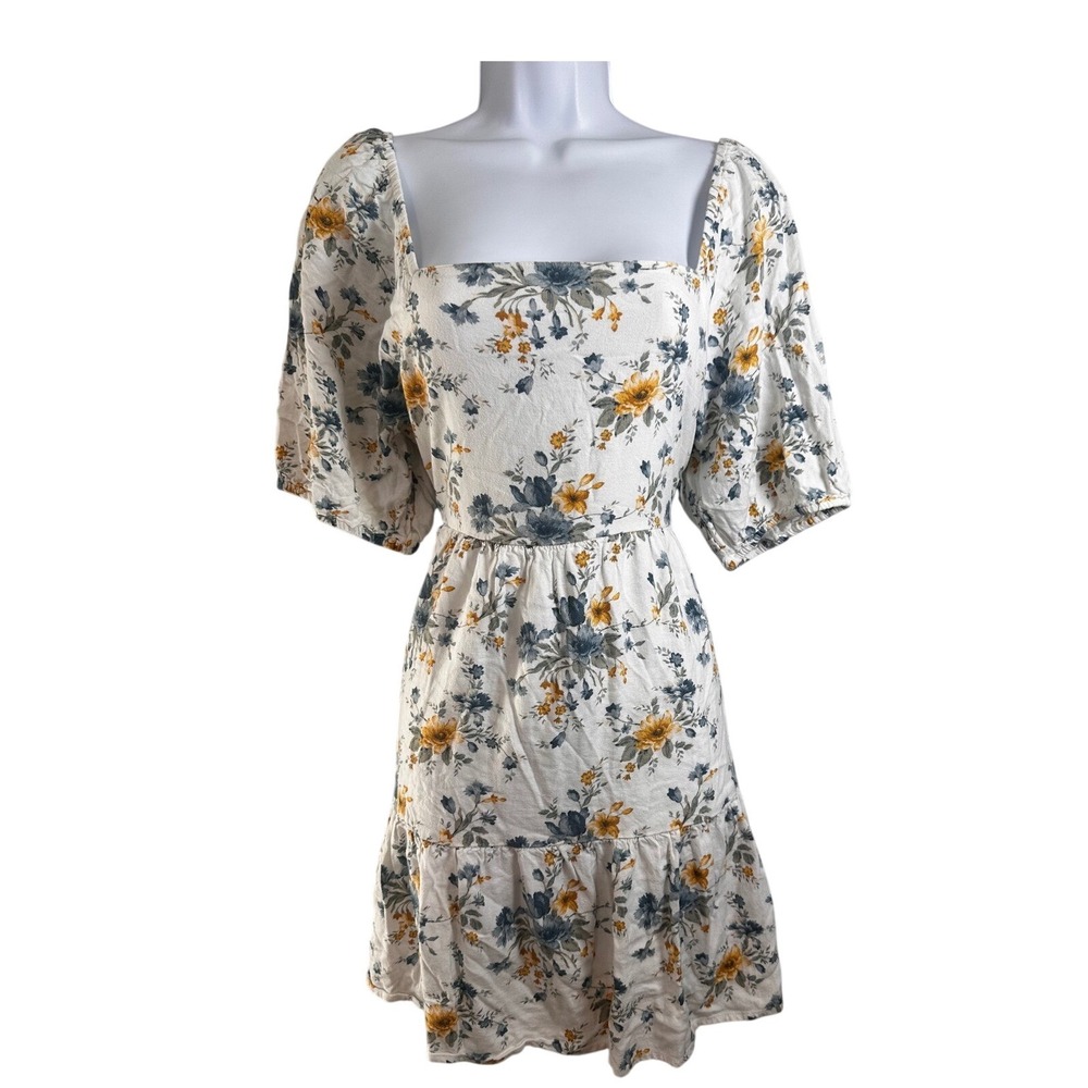 American Eagle Floral Linen‎ Blend Puff Sleeve Square Neck Mini Dress White L